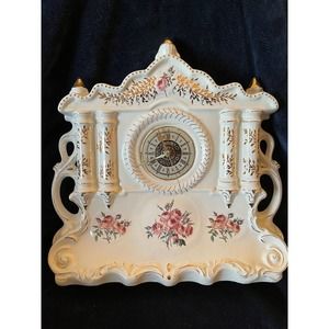Narco Mantle Clock ~Porcelain ~ Vintage 1982. Beautiful pink flowers. gold trim.